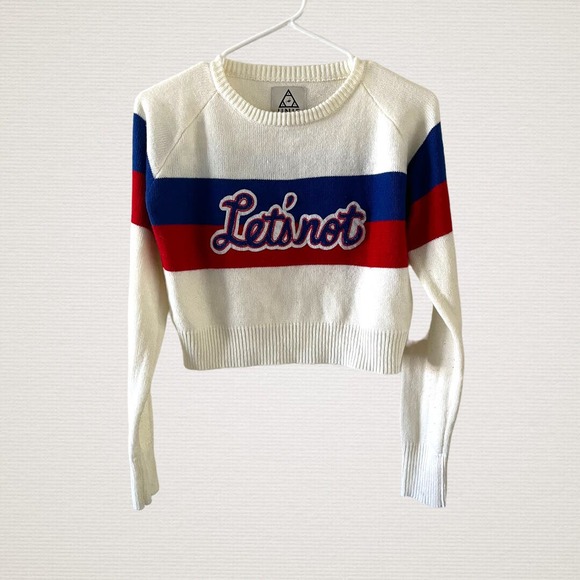 UNIF Womens Large Let's Not Varsity Cropped Sweater Red White Blue Acedemia - Picture 3 of 5